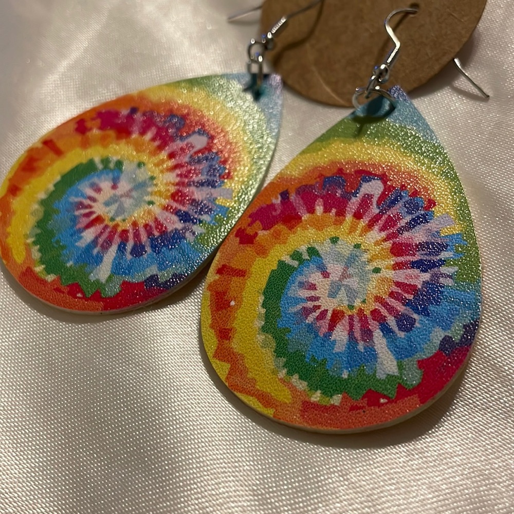 Boho Tie Dye Earrings! Front/Back Vegan Leather Very Hippie Shabby Chic!